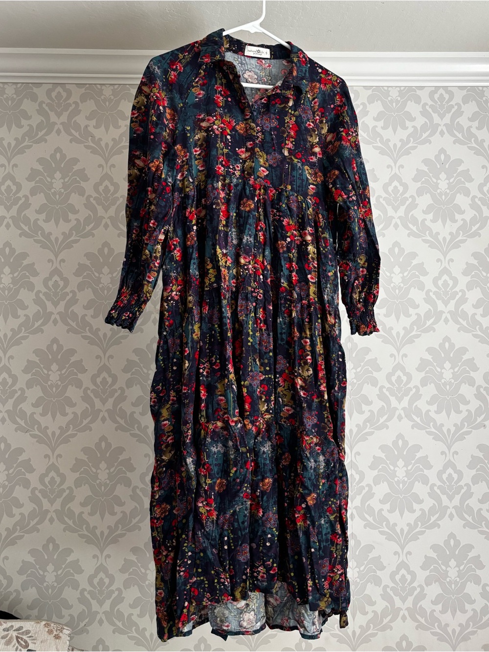 Natural Life Rebecca Dress Tiered Midi in blue floral bouquet